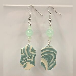 #B370- Artisan Green and Cream Swirl Earrings- Jade Beads